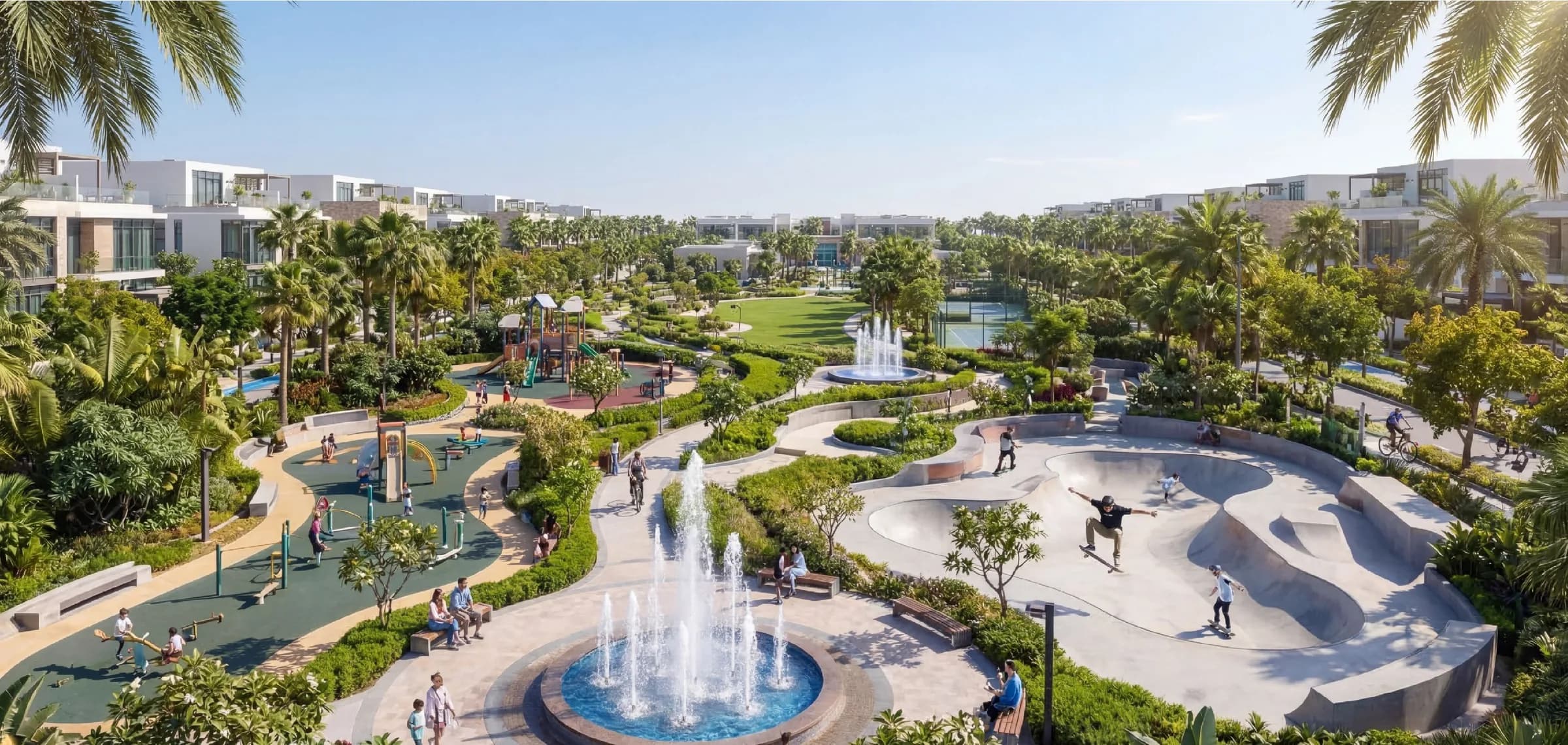 The fountain plaza and skate park